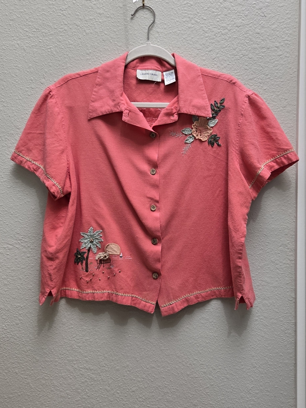 Lemon Grass Coral Embroidered Short-Sleeve Button-Up Top